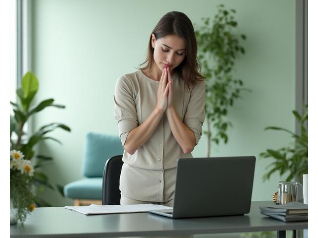 Woman stretching at desk, practicing simple yoga poses.