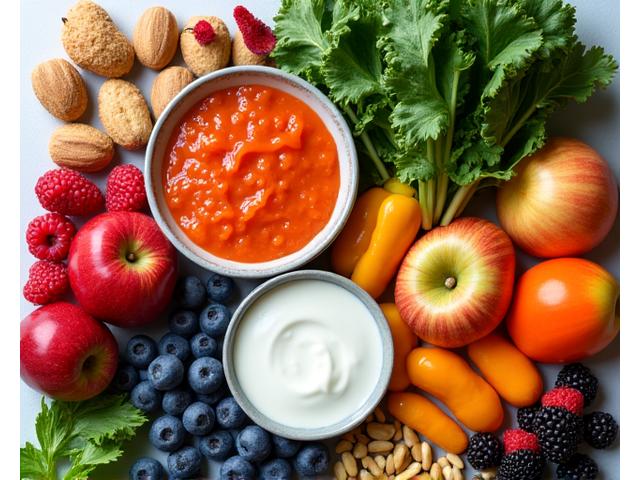 Colorful array of healthy, gut-friendly foods like fruits, vegetables, and fermented items.