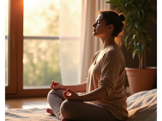 Person meditating in a serene setting, eyes closed with peaceful expression.