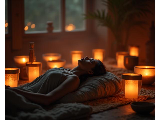 A person lying on a mat, surrounded by singing bowls during a sound bath therapy session.